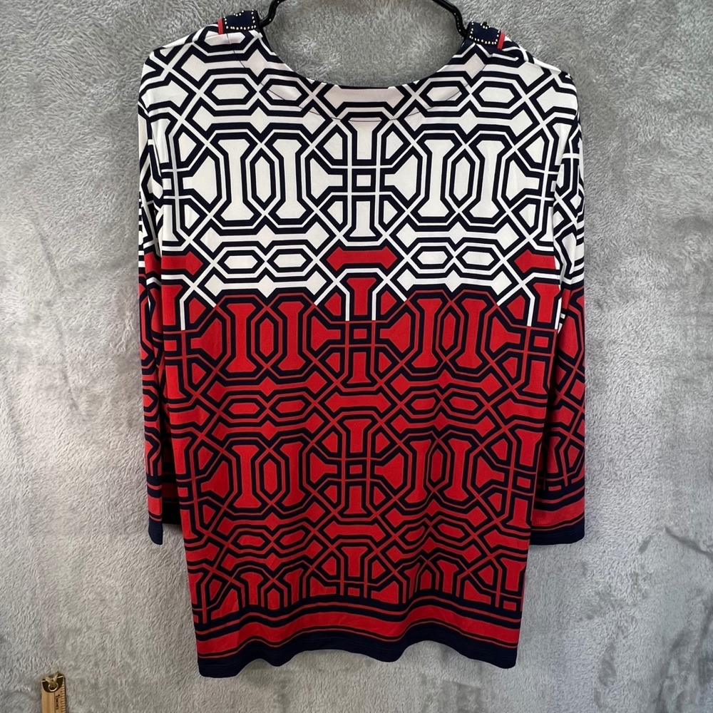 JM Collection Petite XL Red Navy Geometric Beaded Split V-Neck 3/4 Sleeve Tunic - Picture 3 of 8